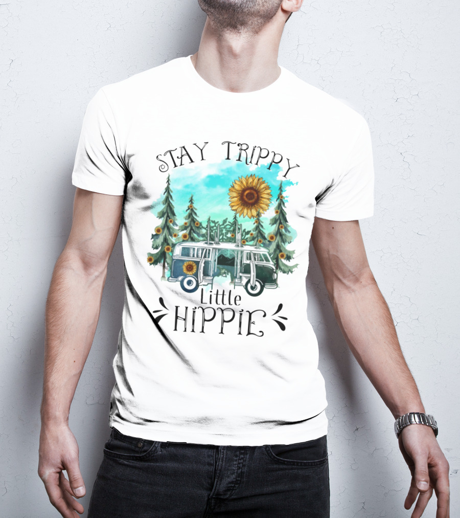 Stay Trippy Little Hippie Sunflower Van Among Forest Pines T-Shirt