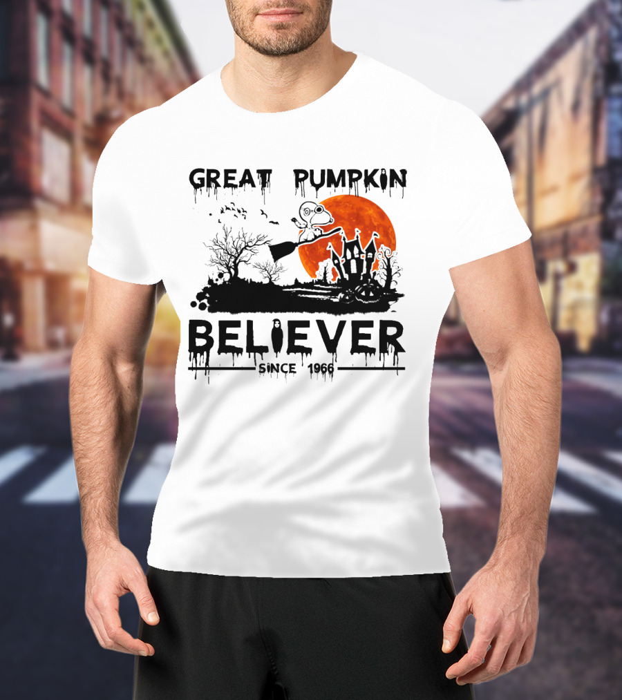 Great Pumpkin Believer Since 1966 Snoopy Flying On Broomstick Halloween Scene T-Shirt