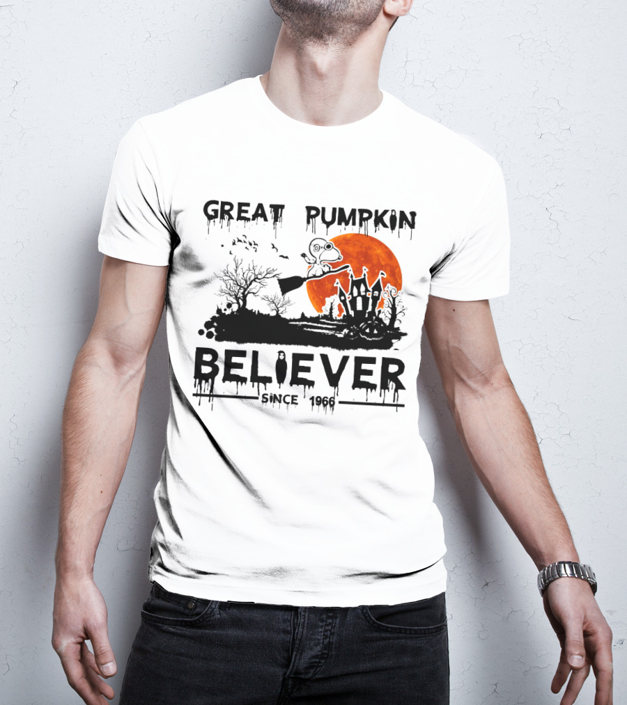 Great Pumpkin Believer Since 1966 Snoopy Flying On Broomstick Halloween Scene T-Shirt