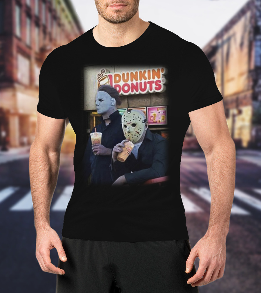 Michael Myers And Jason Voorhees At Dunkin' Donuts Holding Drinks T-Shirt
