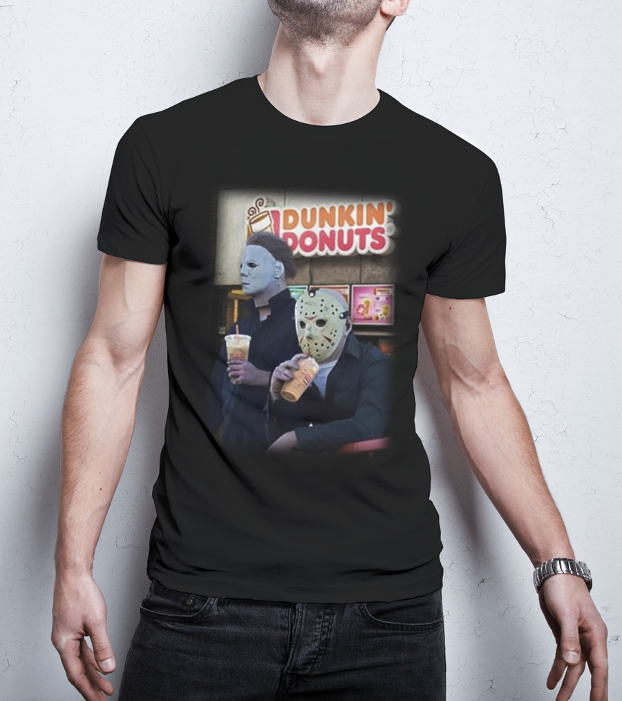 Michael Myers And Jason Voorhees At Dunkin' Donuts Holding Drinks T-Shirt