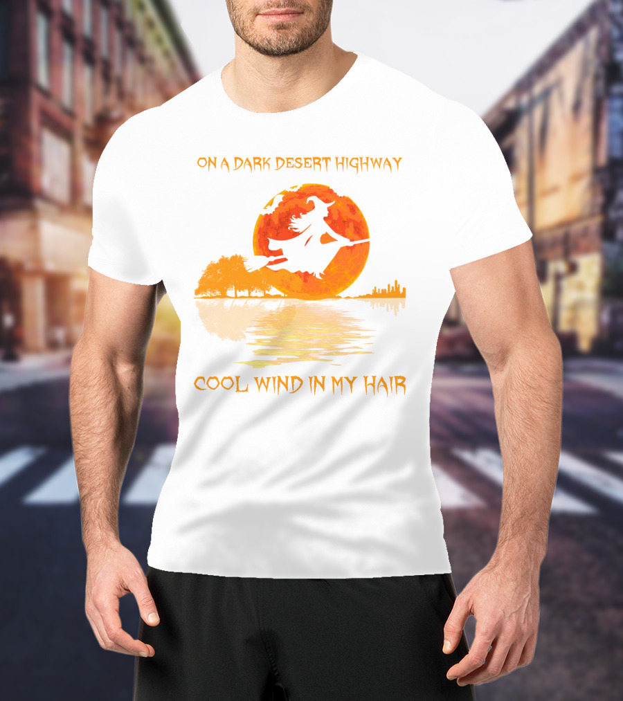 Witch Flying Over Moonlit Desert Highway Cool Wind In My Hair T-Shirt