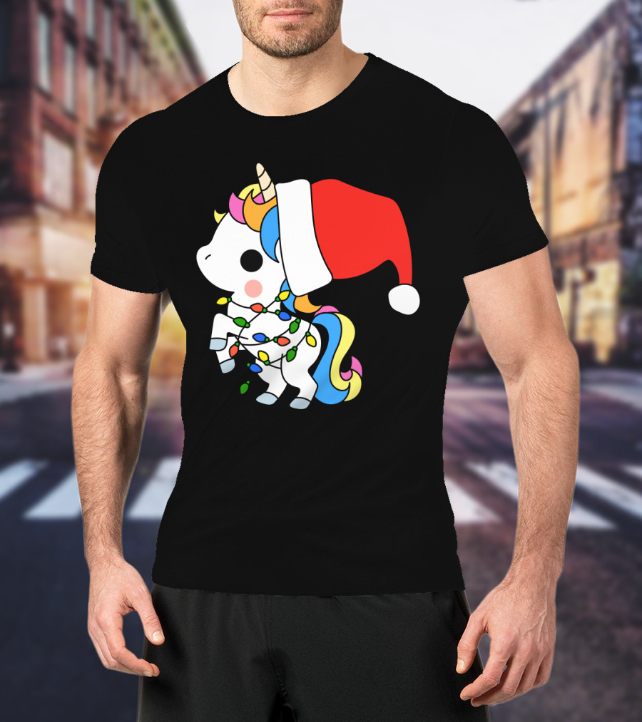 Unicorn Santa Christmas Lights Festive Fantasy T-Shirt