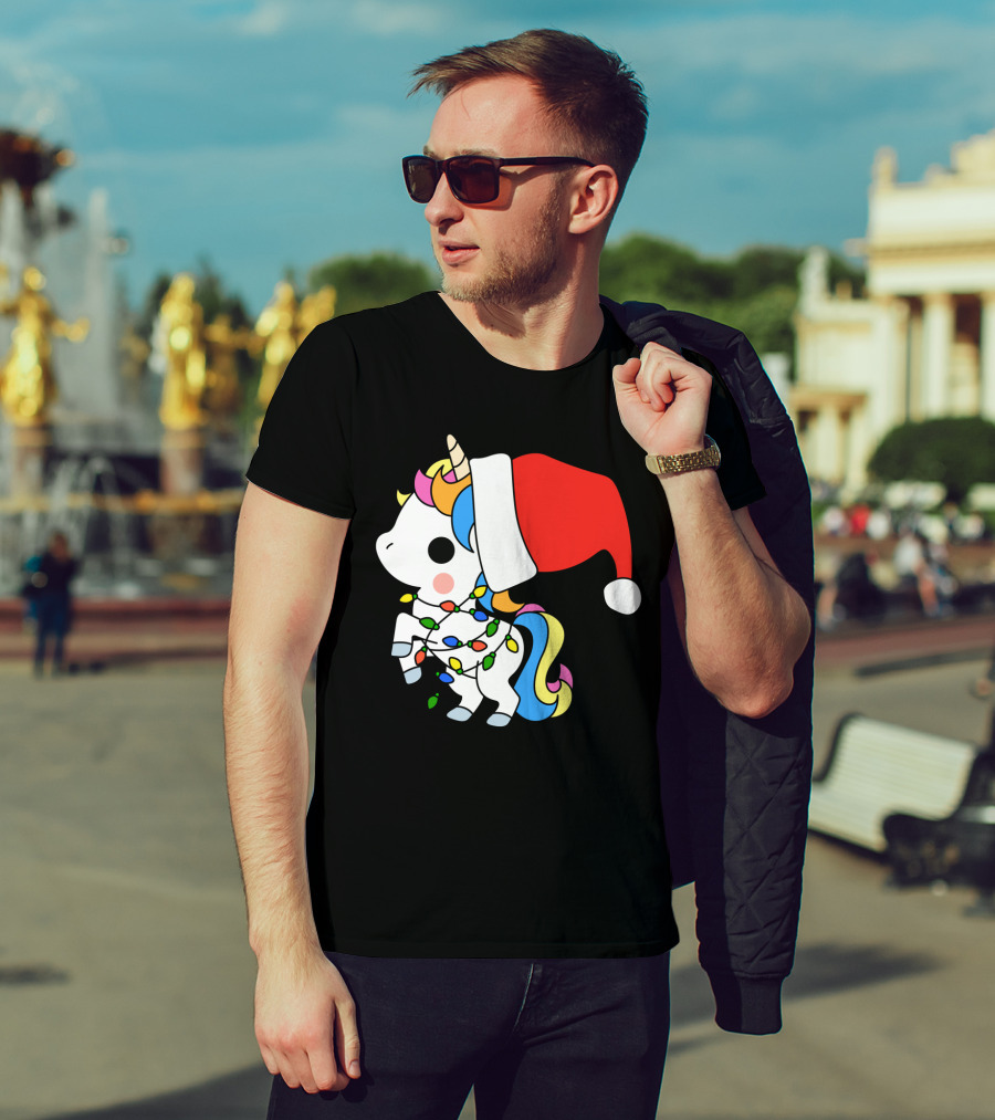 Unicorn Santa Christmas Lights Festive Fantasy T-Shirt