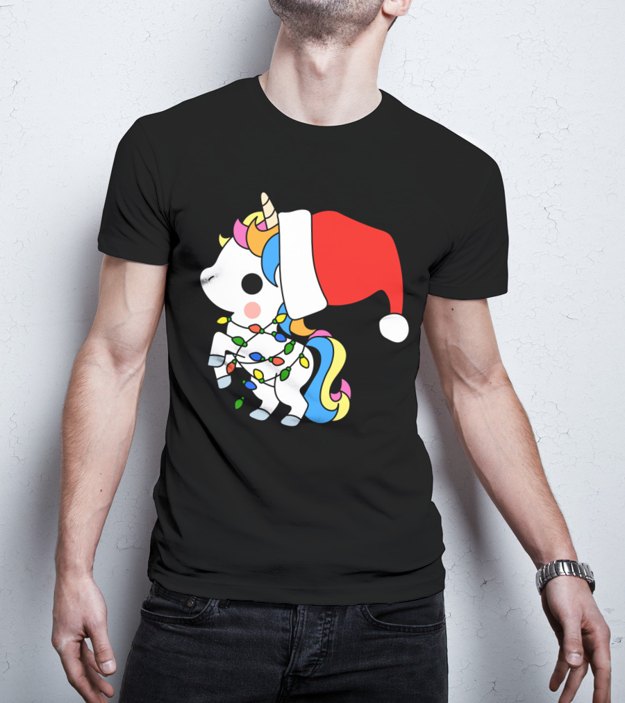 Unicorn Santa Christmas Lights Festive Fantasy T-Shirt