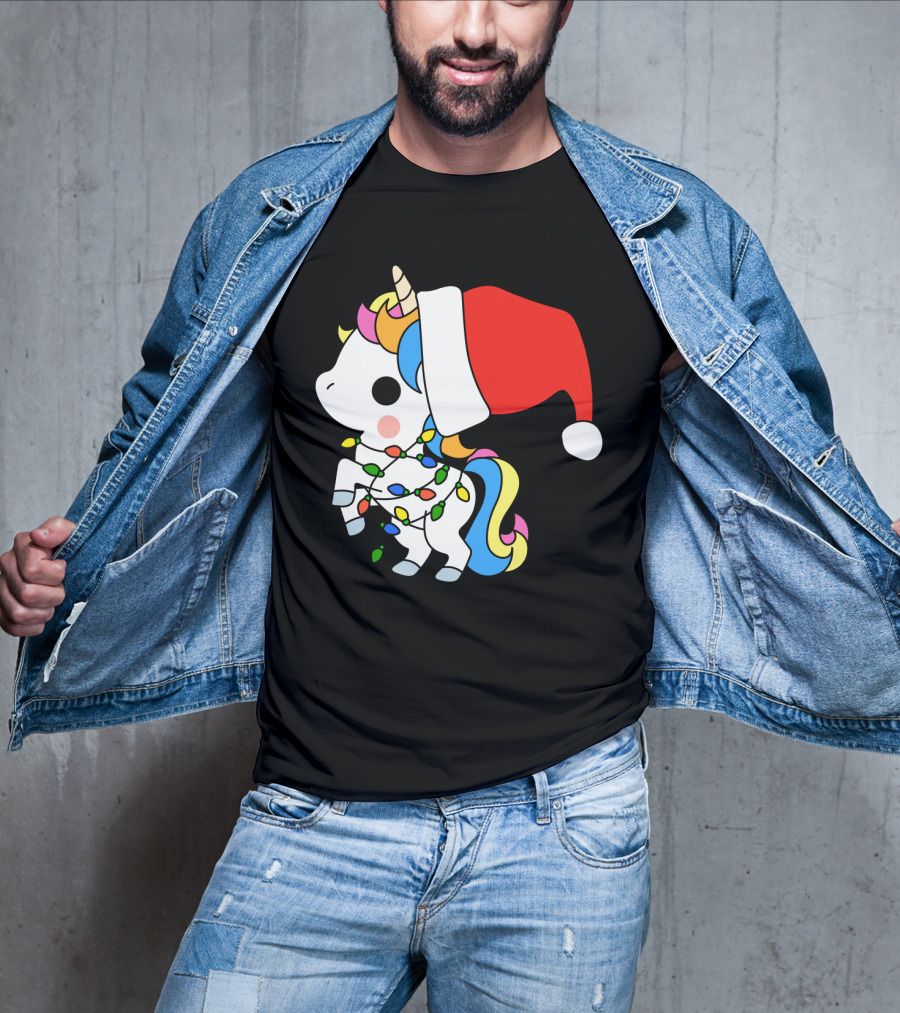 Unicorn Santa Christmas Lights Festive Fantasy T-Shirt