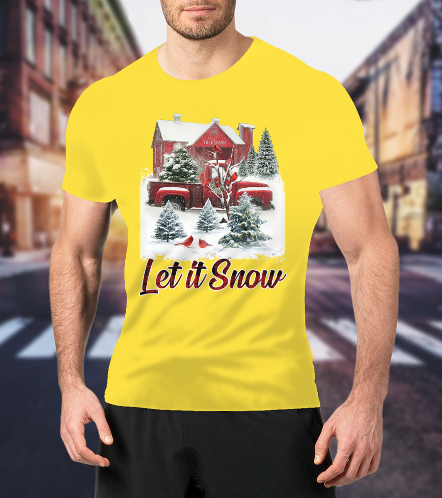 Let It Snow Cardinal Birds Red Tree Farm Holiday Scene T-Shirt