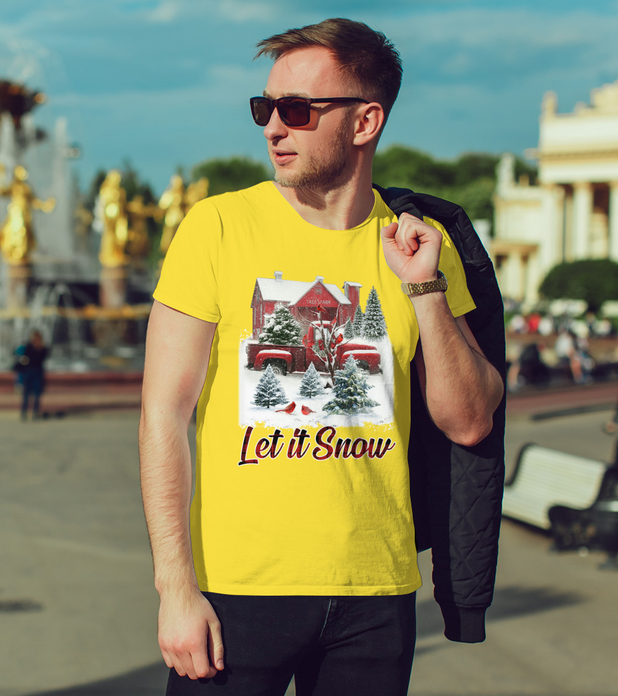 Let It Snow Cardinal Birds Red Tree Farm Holiday Scene T-Shirt