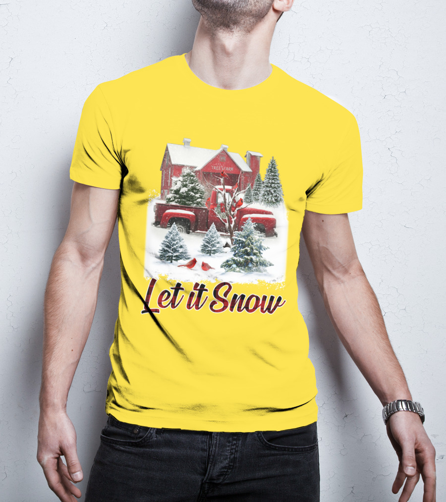 Let It Snow Cardinal Birds Red Tree Farm Holiday Scene T-Shirt