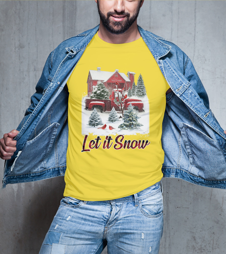 Let It Snow Cardinal Birds Red Tree Farm Holiday Scene T-Shirt