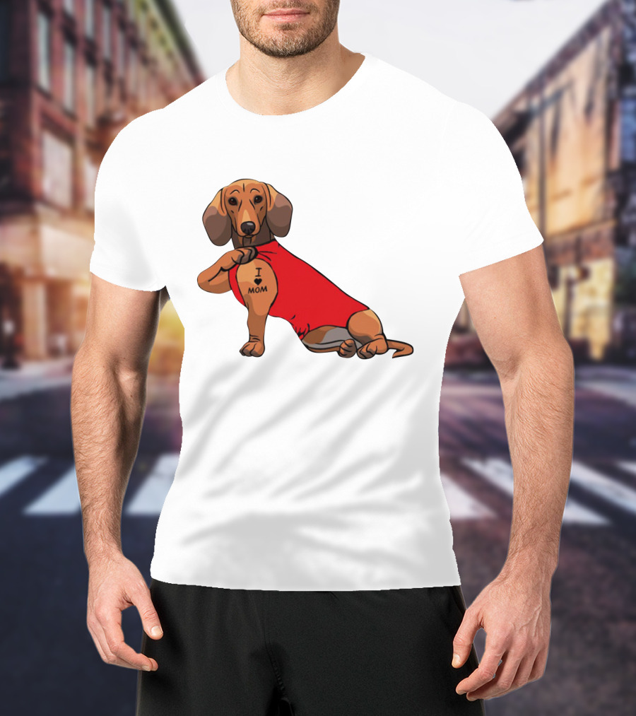 I Love Mom Dachshund Tattoo Puppy In Red T-Shirt