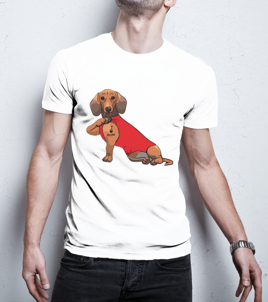 I Love Mom Dachshund Tattoo Puppy In Red T-Shirt