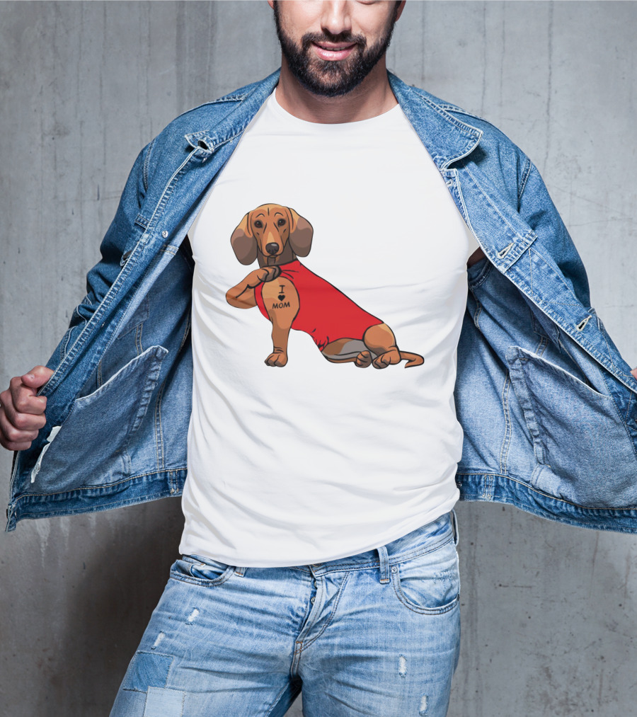 I Love Mom Dachshund Tattoo Puppy In Red T-Shirt