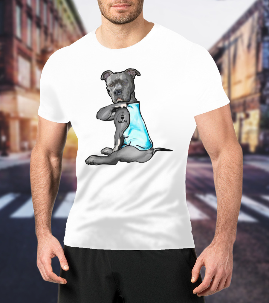Pitbull I Love Mom Tattoo Blue T-Shirt