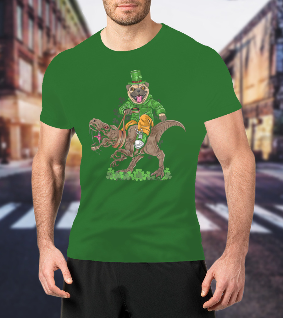 St Patricks Day Pug Puppy Riding Dinosaur Rex With Shamrocks And Leprechaun Hat T-Shirt