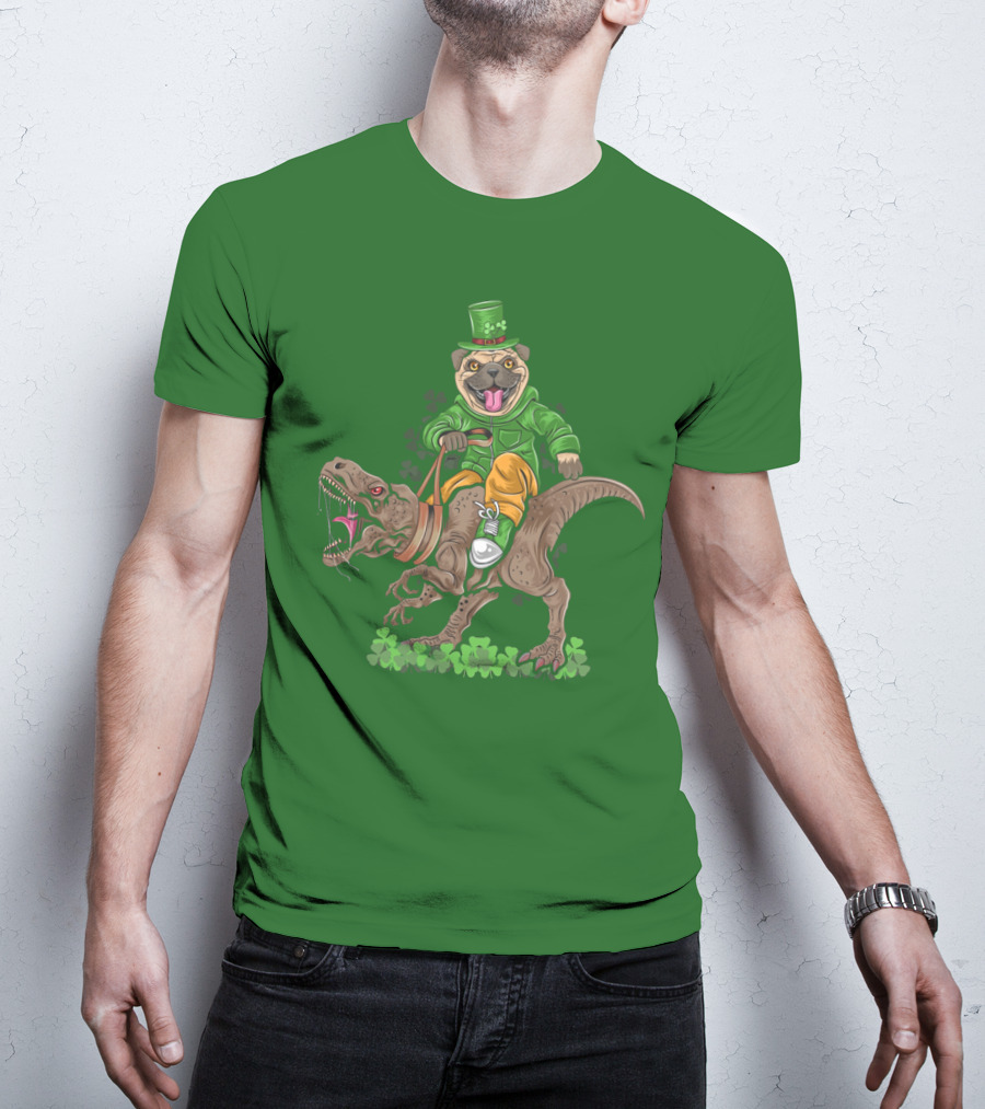 St Patricks Day Pug Puppy Riding Dinosaur Rex With Shamrocks And Leprechaun Hat T-Shirt