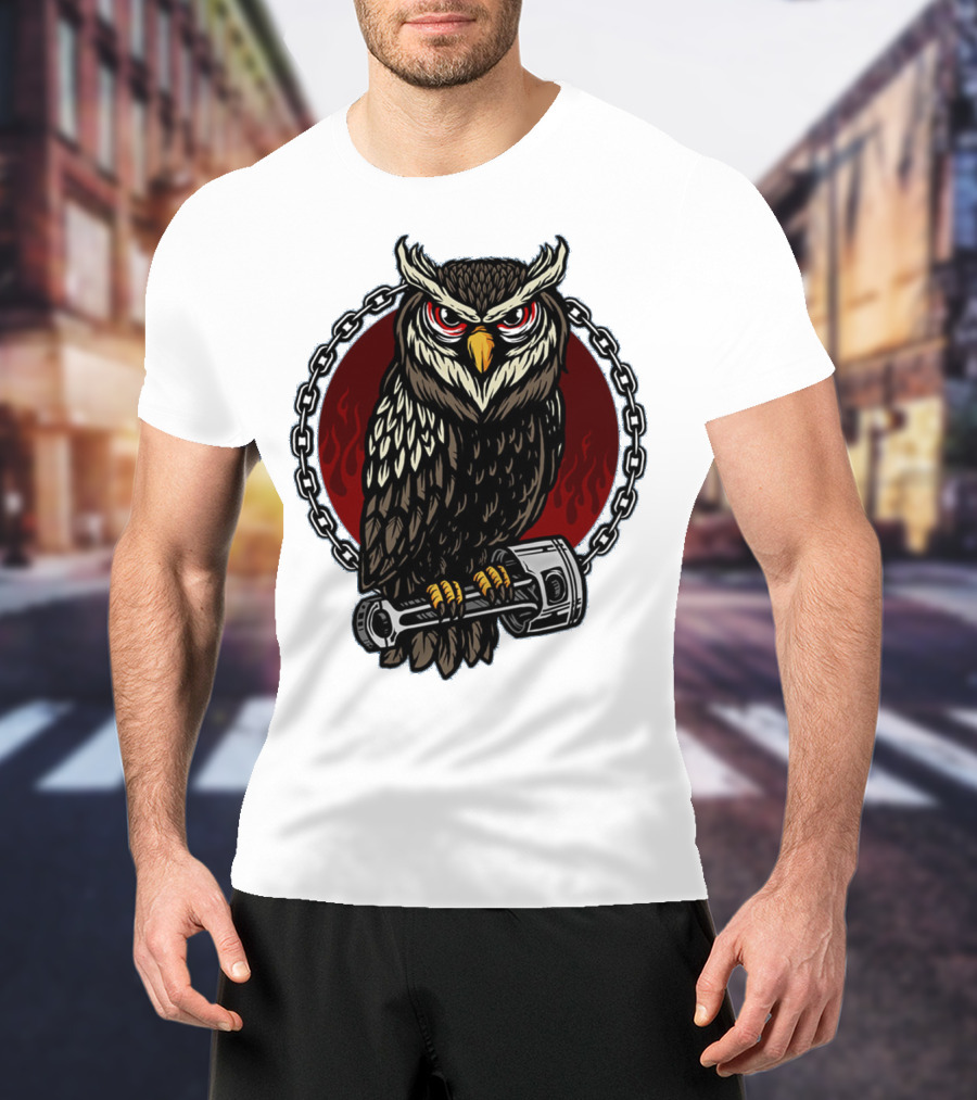 Owl And Piston Motorbike Enthusiast Chain Flame Background T-Shirt