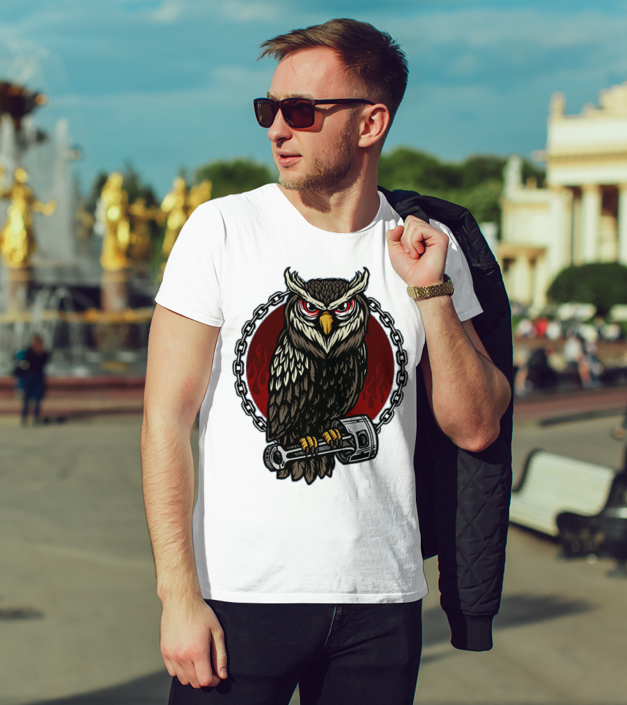 Owl And Piston Motorbike Enthusiast Chain Flame Background T-Shirt