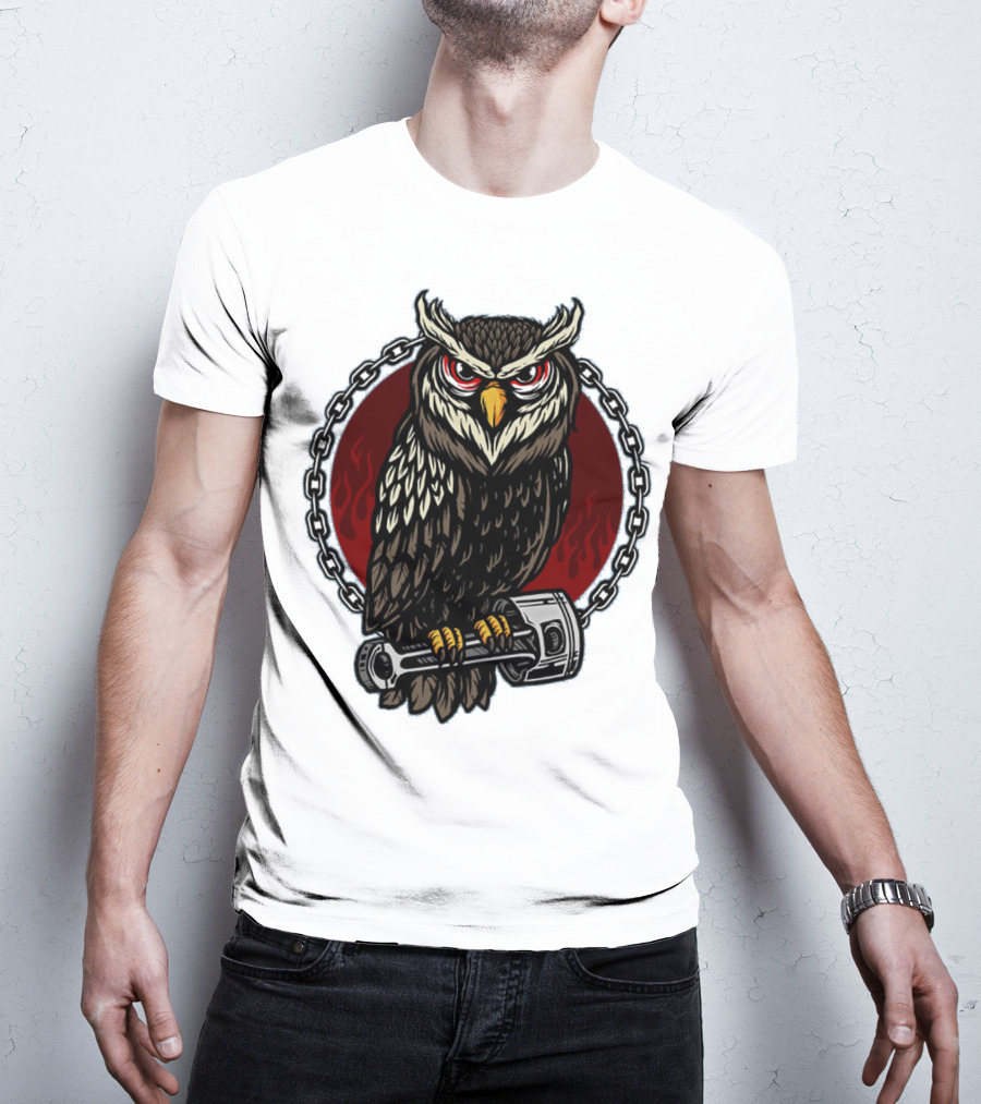 Owl And Piston Motorbike Enthusiast Chain Flame Background T-Shirt