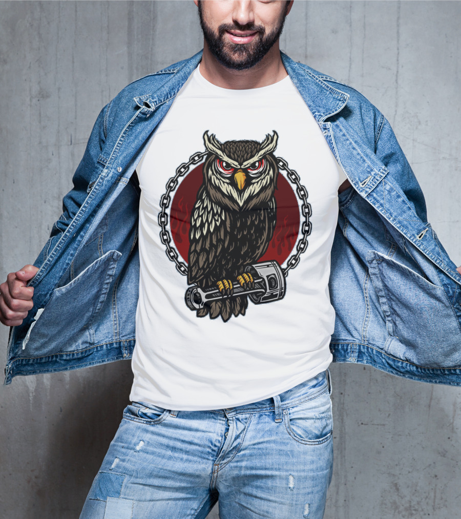 Owl And Piston Motorbike Enthusiast Chain Flame Background T-Shirt