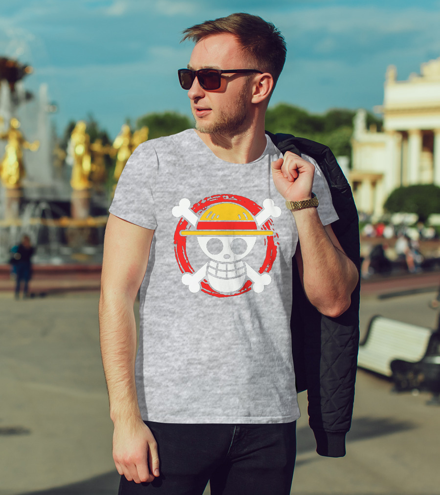 Straw Hat Luffy Jolly Roger Icon On Red Circular Emblem T-Shirt