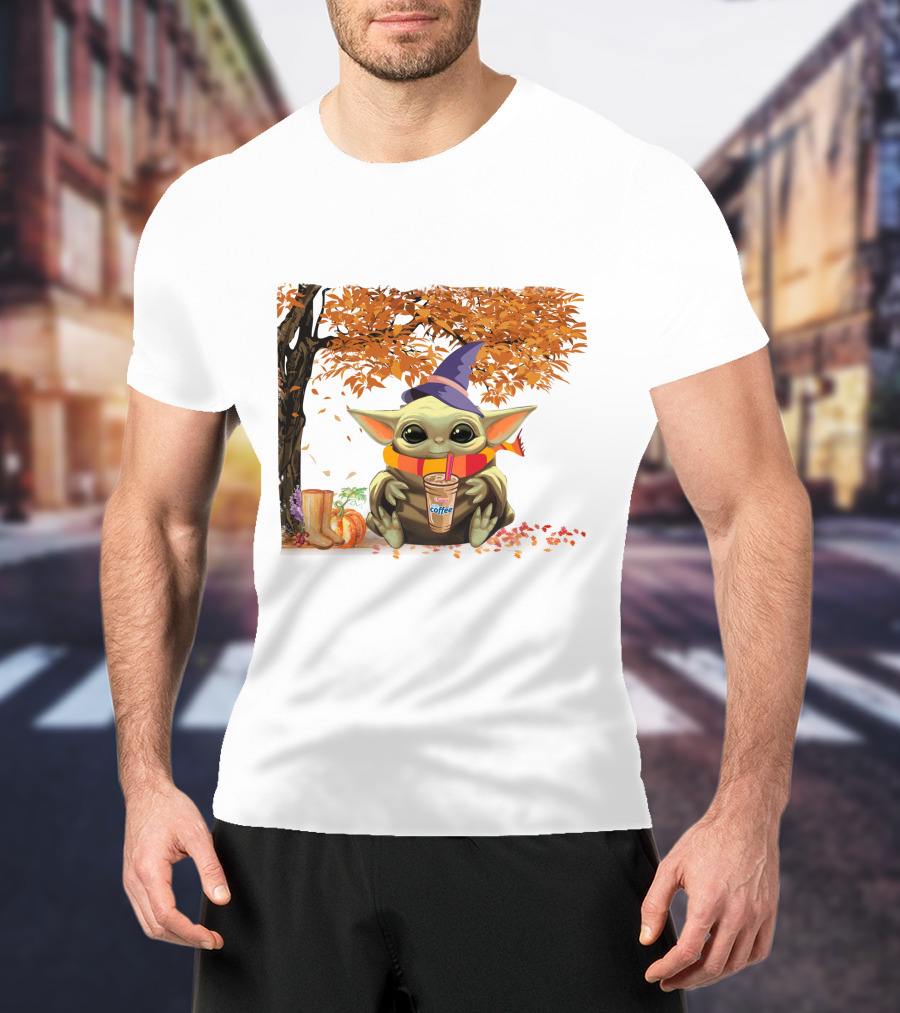 Baby Yoda Autumn Magic Coffee Hug Halloween Wizard Hat Scarf Pumpkin Leaves T-Shirt