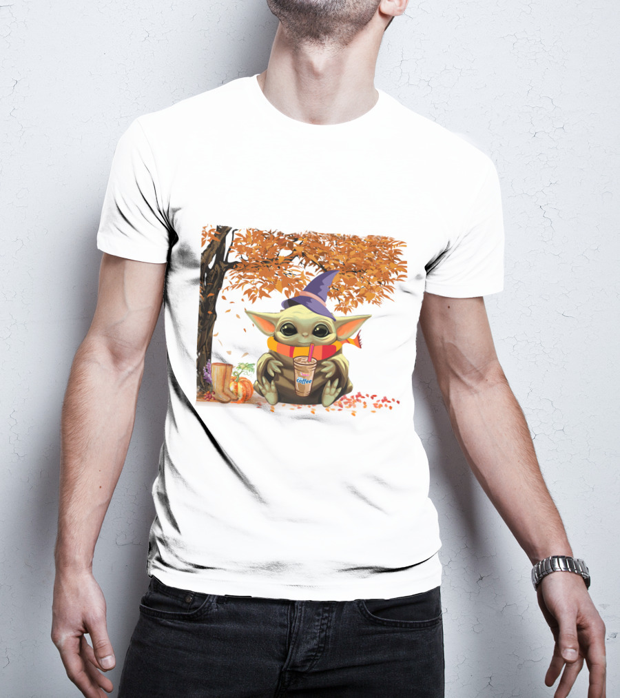 Baby Yoda Autumn Magic Coffee Hug Halloween Wizard Hat Scarf Pumpkin Leaves T-Shirt
