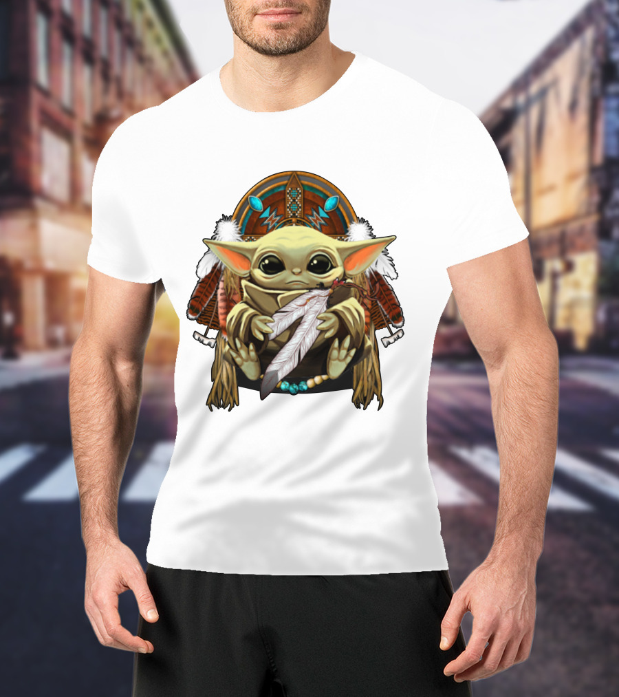 Baby Yoda Native American Headdress Feathers And Beads T-Shirt