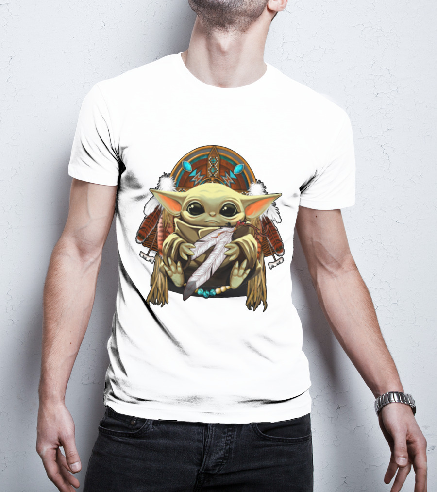 Baby Yoda Native American Headdress Feathers And Beads T-Shirt