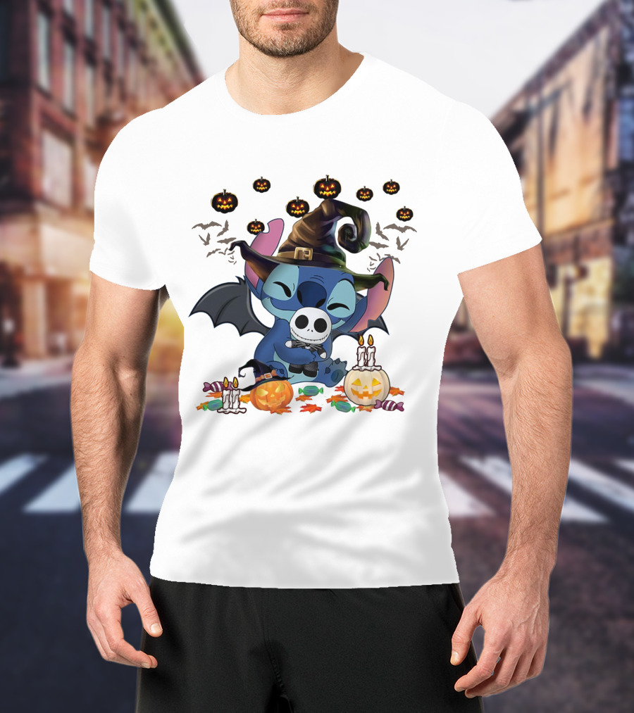Happy Halloween Stitch Hugs Witch Baby Jack Skellington Pumpkins Candles Bats T-Shirt