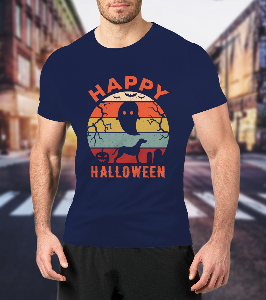 Happy Halloween Dalmatian Dog Ghost Pumpkin Retro Stripes T-Shirt