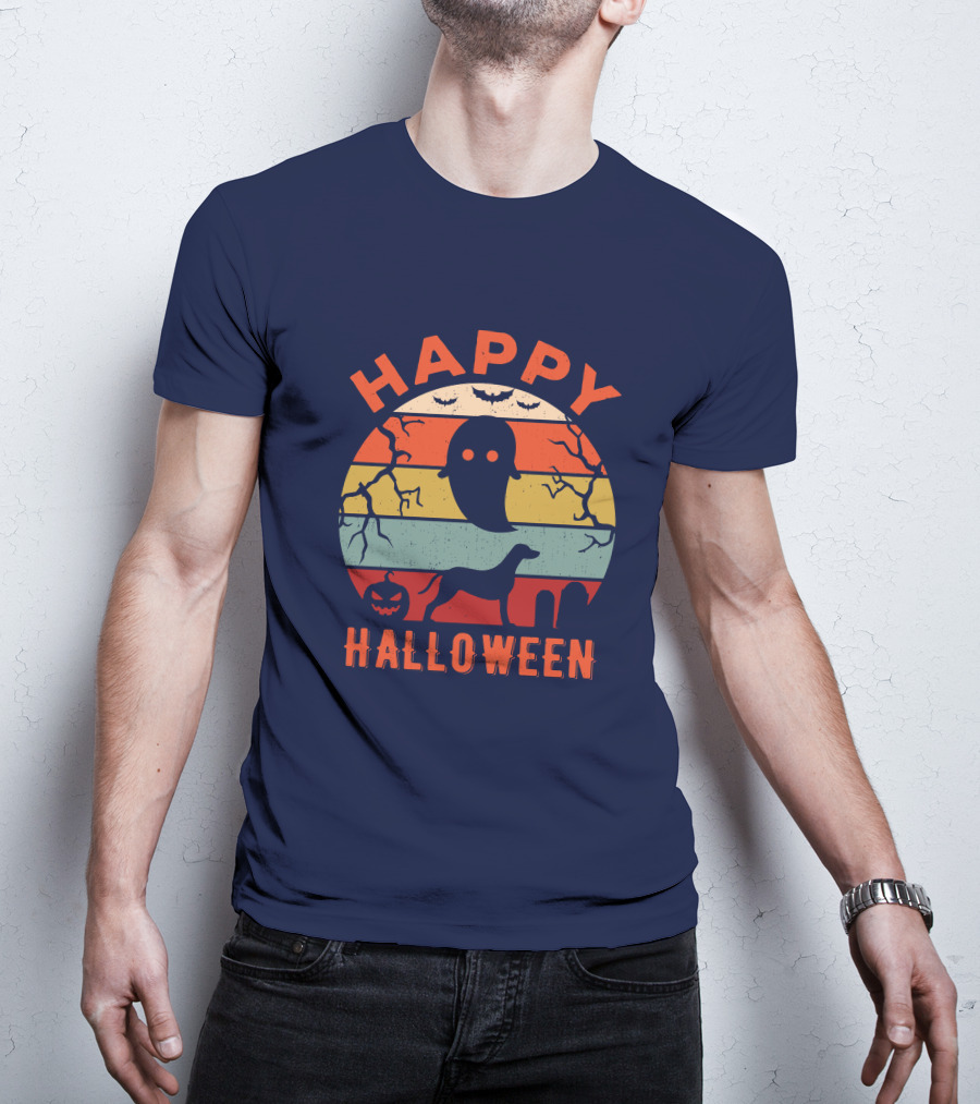 Happy Halloween Dalmatian Dog Ghost Pumpkin Retro Stripes T-Shirt