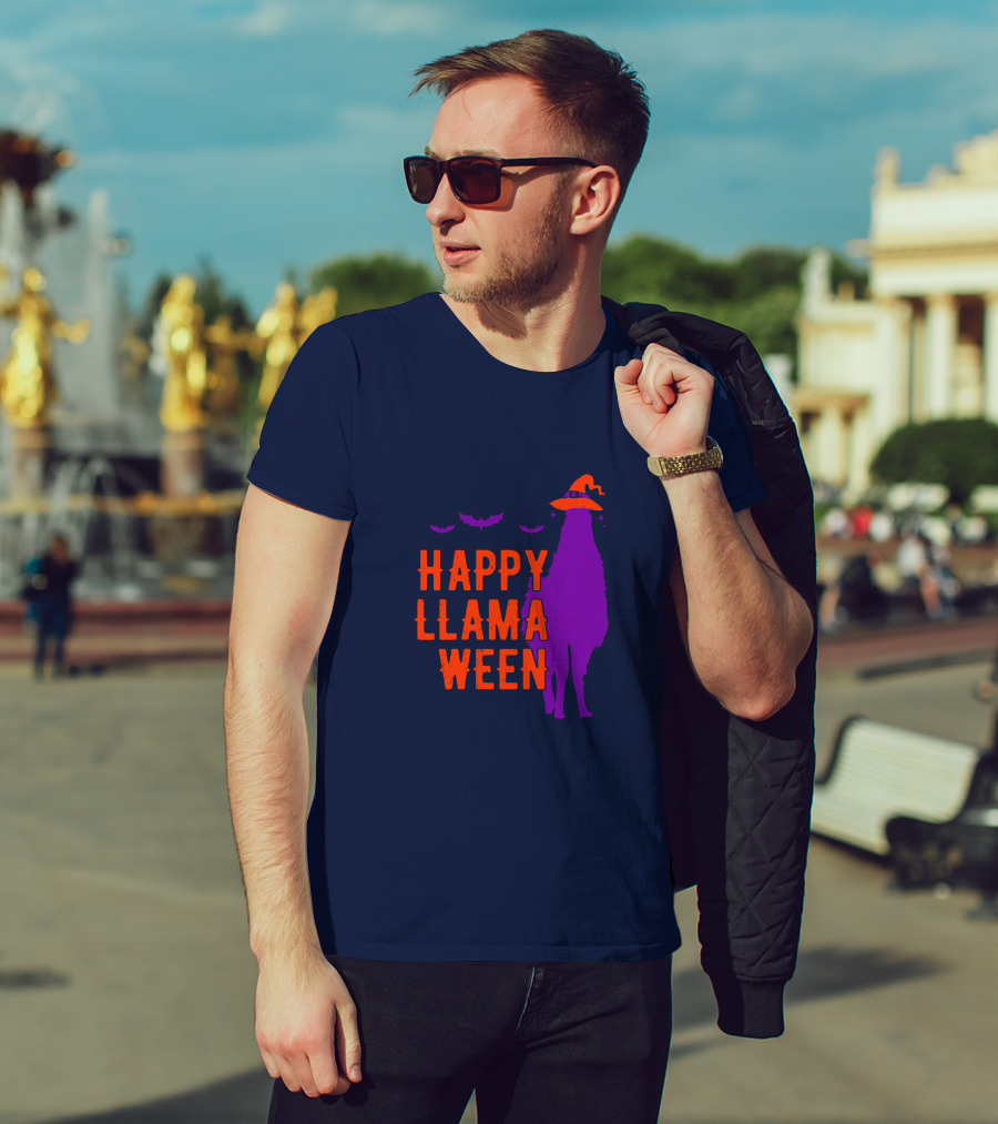 Happy Llamaween Llama Halloween Bat Witch Hat T-Shirt