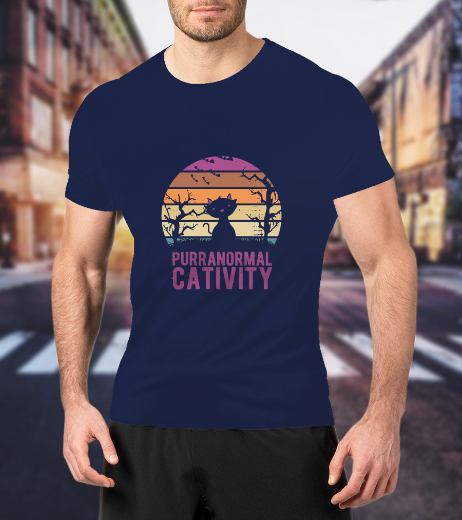 Purranormal Cativity Spooky Cat Silhouette With Bats And Trees T-Shirt