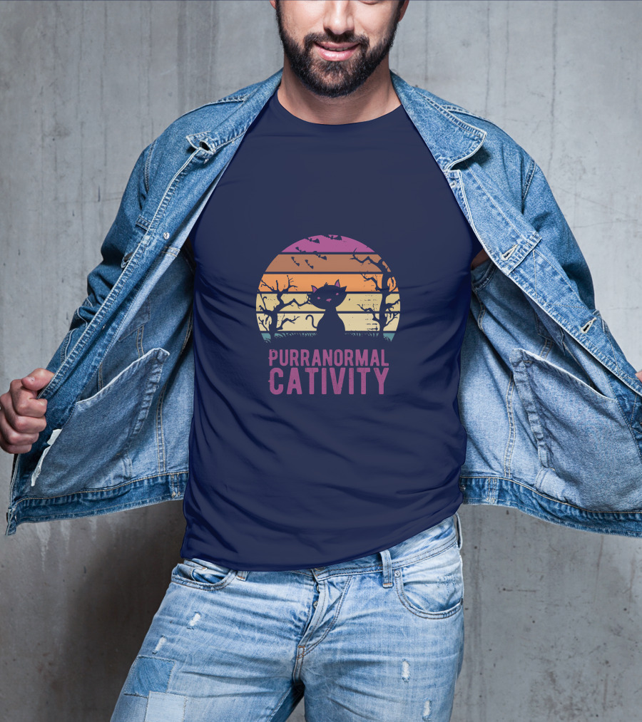 Purranormal Cativity Spooky Cat Silhouette With Bats And Trees T-Shirt