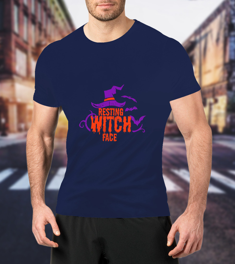 Resting Witch Face Witch Hat Bats Halloween T-Shirt