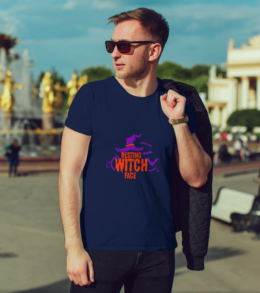 Resting Witch Face Witch Hat Bats Halloween T-Shirt
