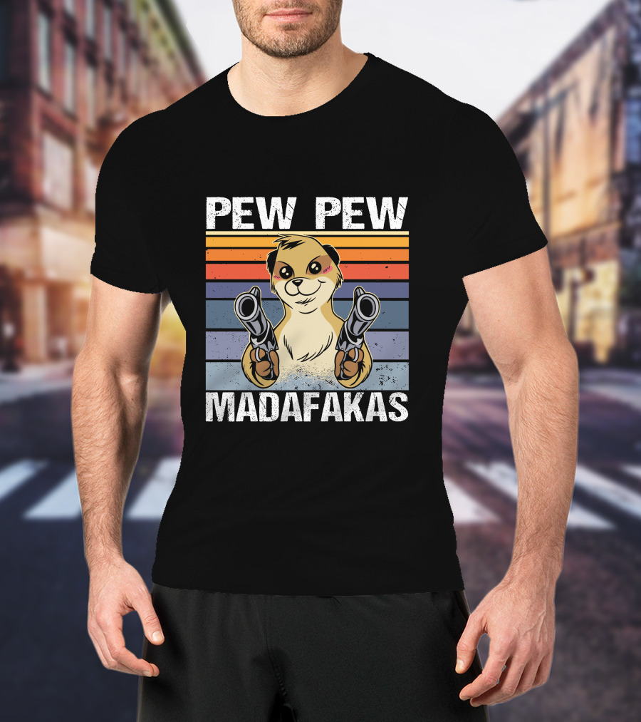 Pew Pew Madafakas Meerkat Retro Stripes Guns T-Shirt