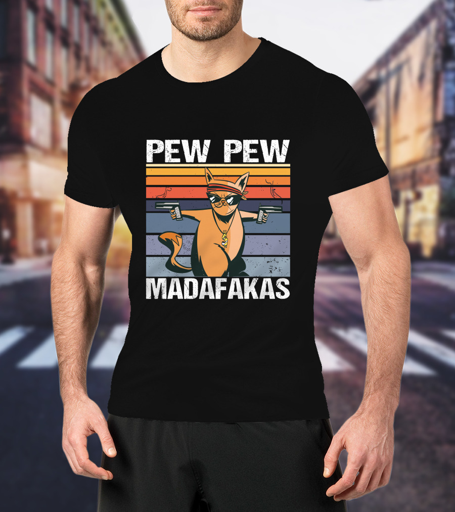 Pew Pew Madafakas Cat With Sunglasses And Retro Stripes T-Shirt