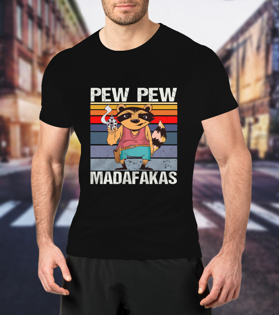 Pew Pew Madafakas Raccoon Retro Stripes Smoking Gun T-Shirt