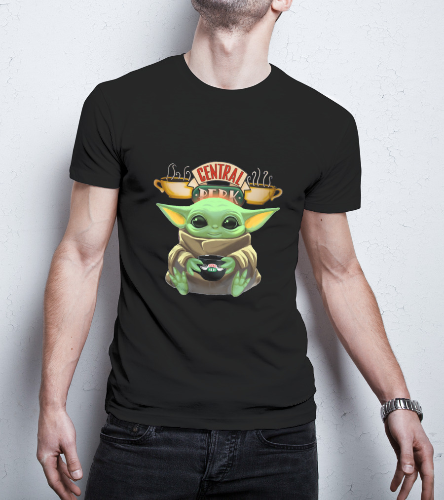 Baby Yoda Hugging Central Perk Coffee Cup Friends-Star Wars Crossover T-Shirt