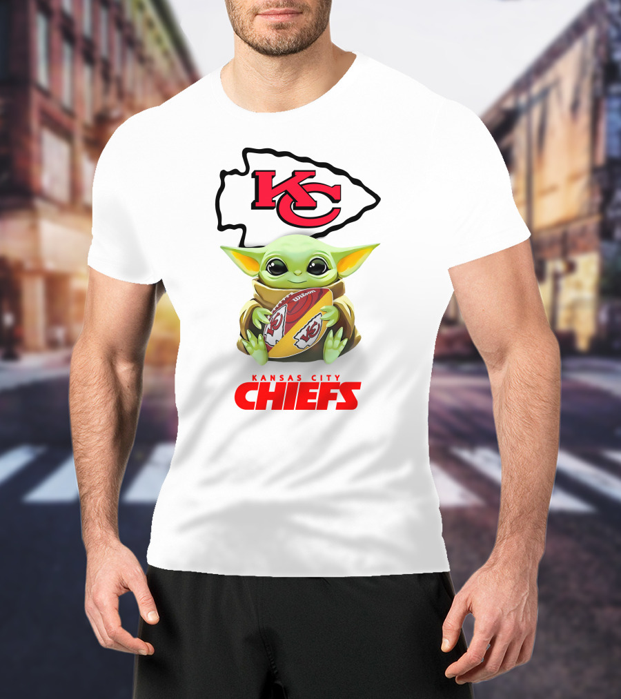 Baby Yoda Hugging Football Kansas City Chiefs Kc T-Shirt