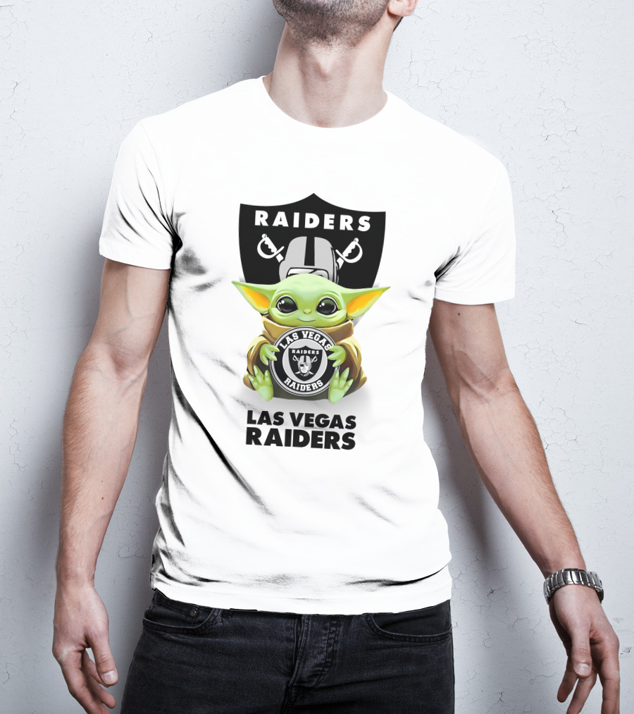 Baby Yoda Holding Las Vegas Raiders Emblem With Team Logo And Name T-Shirt
