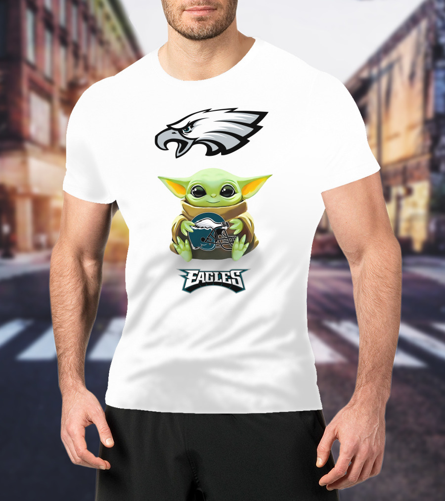 Baby Yoda Philadelphia Eagles Helmet Hug Green White T-Shirt