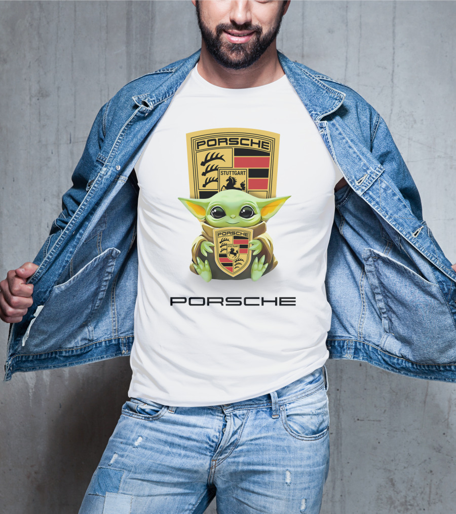 Baby Yoda Holding Stuttgart Porsche Crest T-Shirt