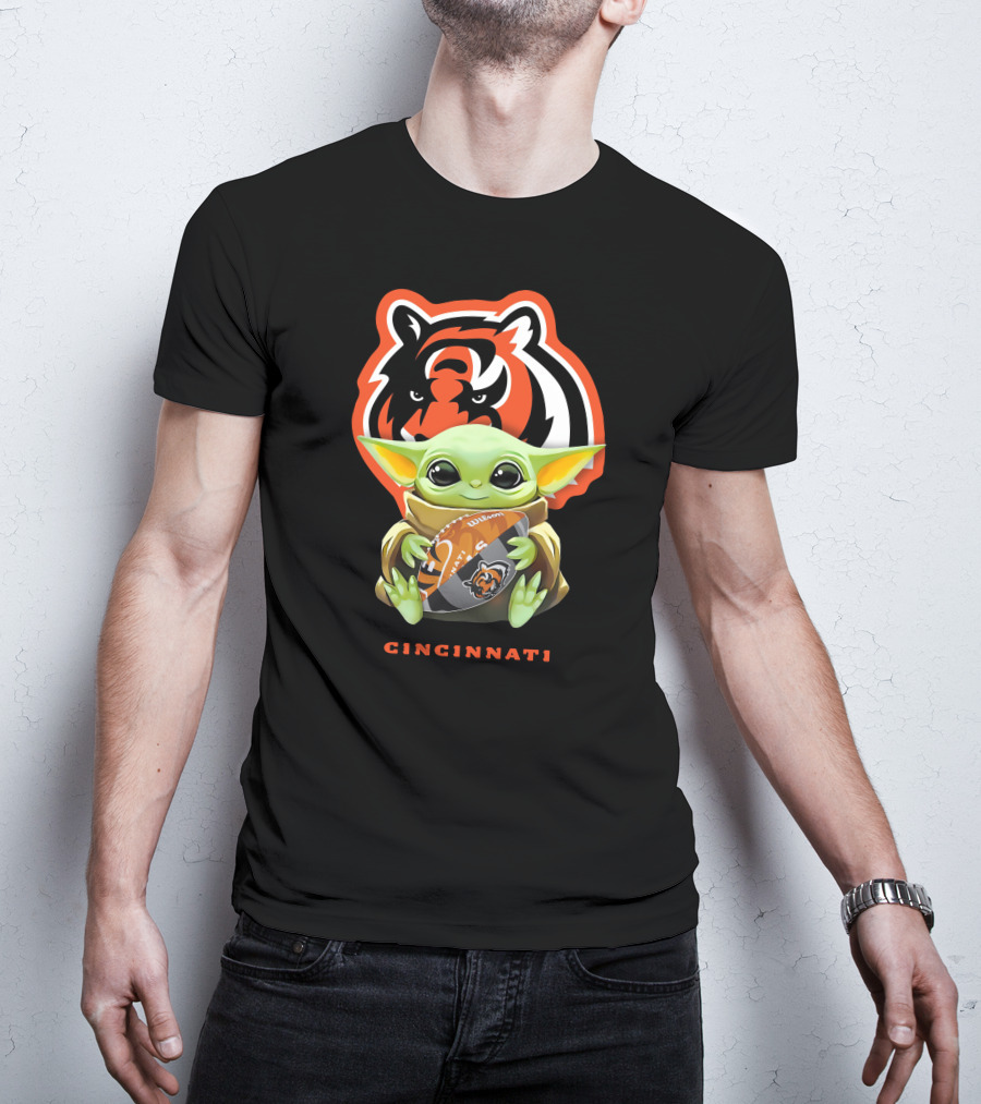 Star Wars Baby Yoda Hugging Cincinnati Bengals Logo Football T-Shirt