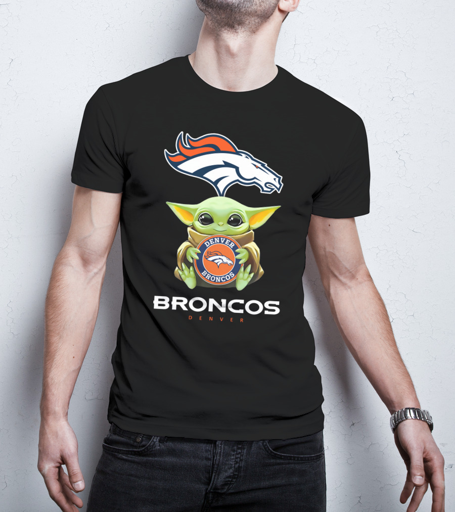 Star Wars Baby Yoda Holding Denver Broncos Emblem T-Shirt