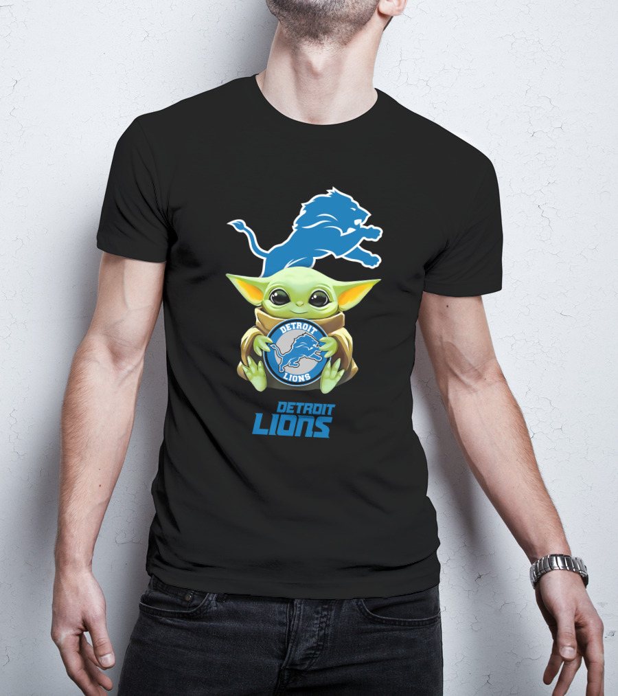 Star Wars Baby Yoda Holding Detroit Lions Symbol With Team T-Shirt