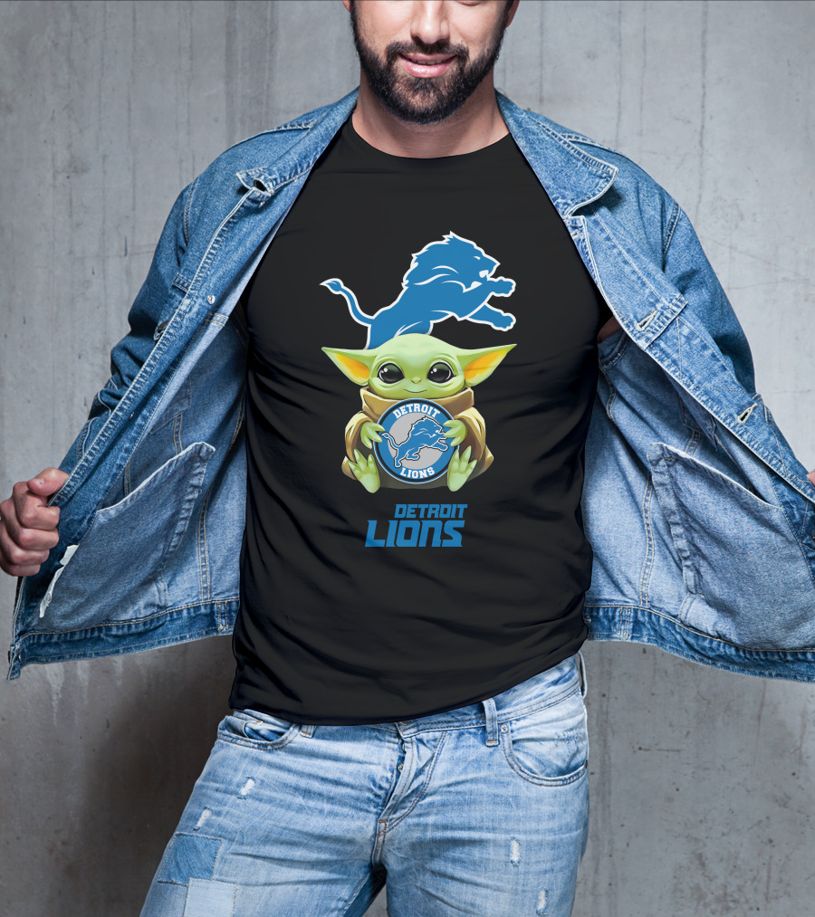 Star Wars Baby Yoda Holding Detroit Lions Symbol With Team T-Shirt