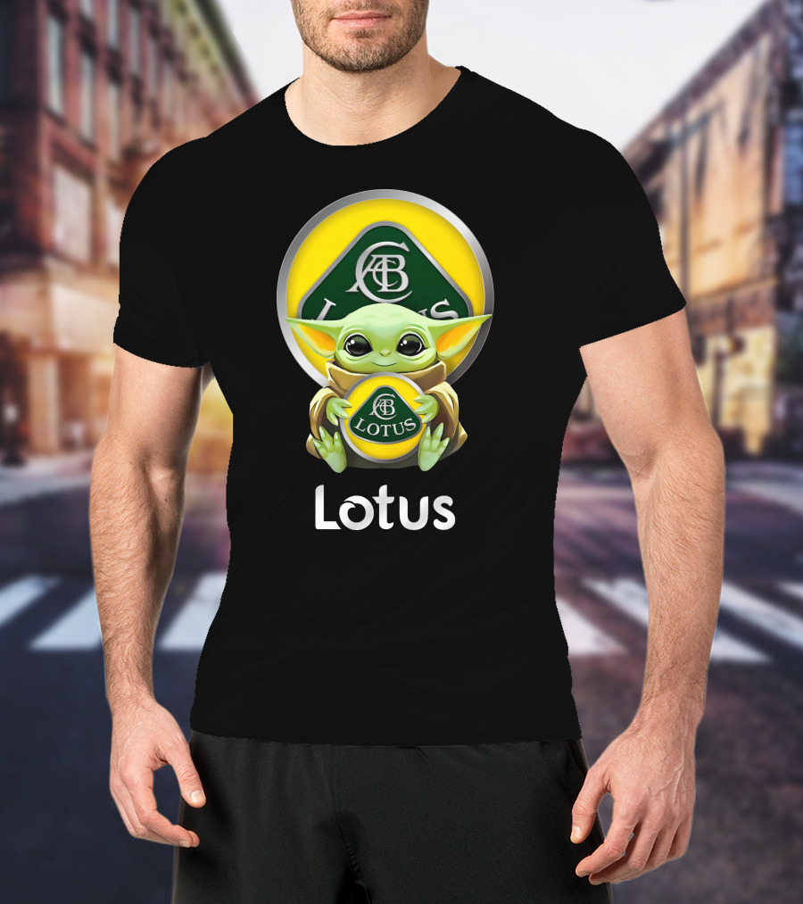 Star Wars Baby Yoda Hugging Lotus Car Logo On Black T-Shirt